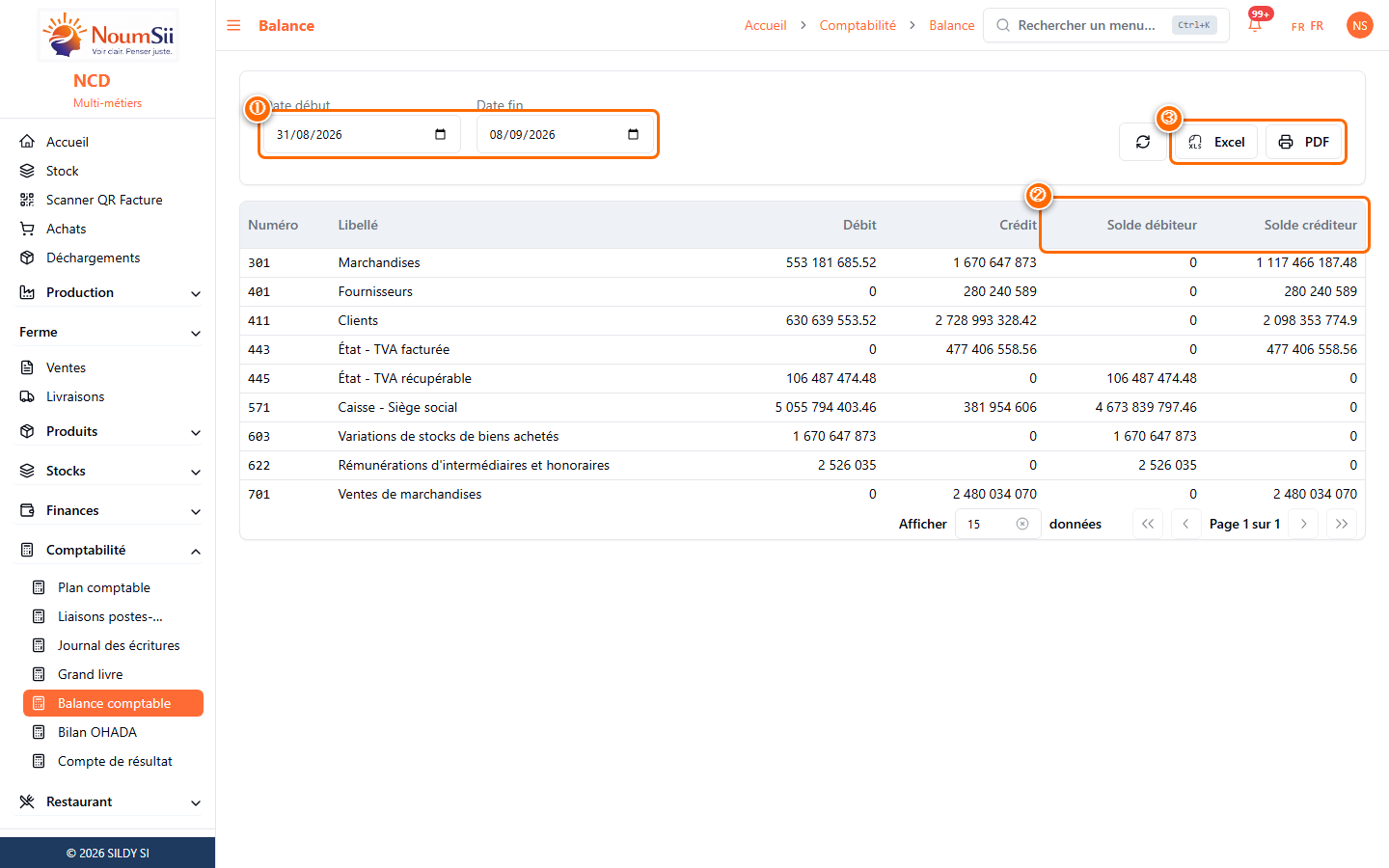 Balance comptable : tableau des comptes avec débit, crédit, solde débiteur et solde créditeur