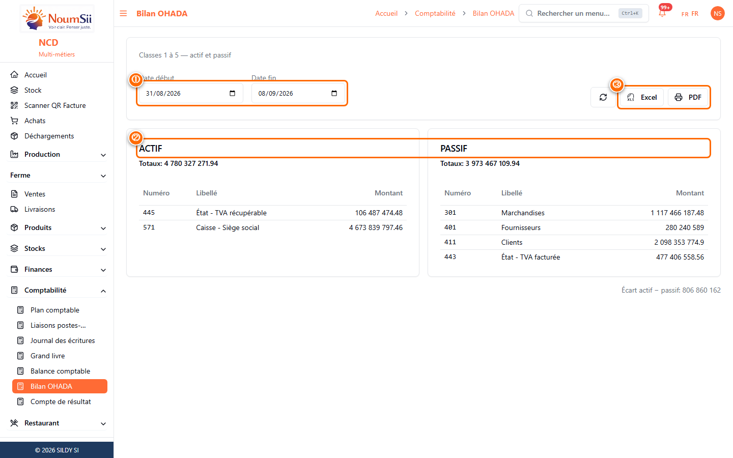 Bilan OHADA : actif et passif classes 1 à 5, avec numéro de compte, libellé et montant de chaque côté