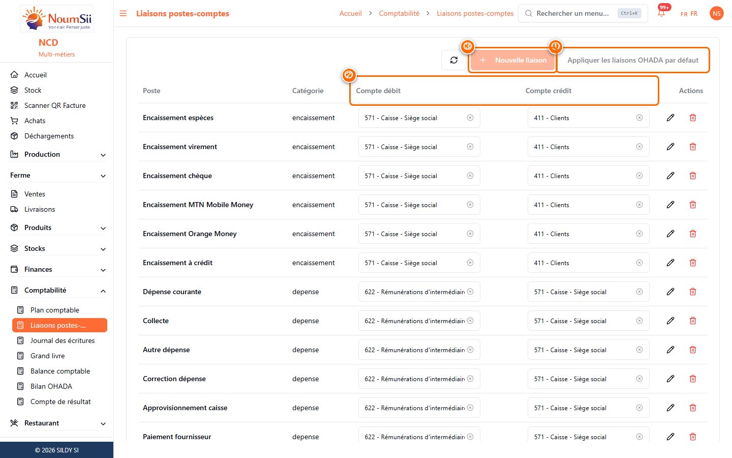 Liaisons postes-comptes : tableau des postes métier (encaissement, dépense…) avec leur compte débit et compte crédit associés