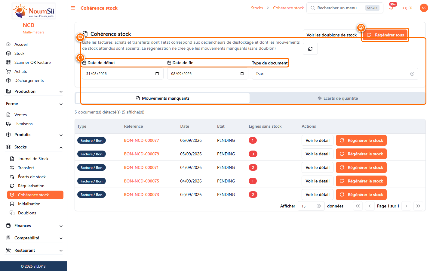 Cohérence stock, onglet Mouvements manquants : documents dont les mouvements de stock attendus sont absents, avec bouton Régénérer le stock par ligne