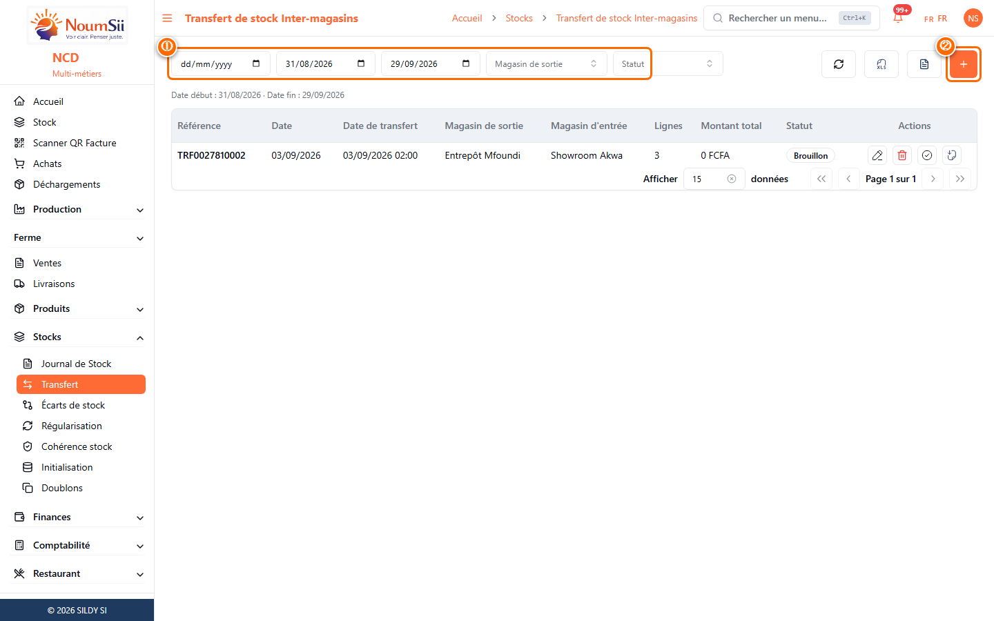 Liste des transferts de stock inter-magasins, avec référence, dates, magasins de sortie/entrée, statut et actions